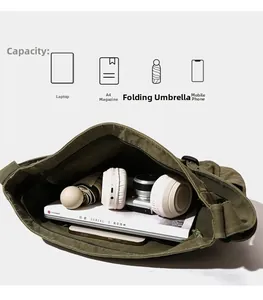 Internal view of large capacity army green canvas bag showing laptop and daily items