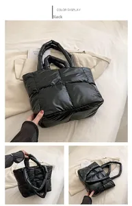 Quilted puffer tote bag in glossy black nylon with padded square pattern design