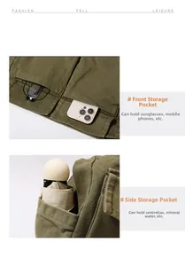 Detail view of military green canvas bag featuring multi-pocket storage and durable texture