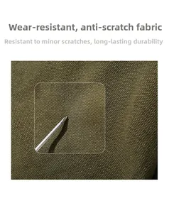 Macro detail of military green canvas fabric showing scratch-resistant texture
