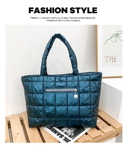 Dettaglio della borsa tote trapuntata in nylon color teal con tasca a zip a scomparsa