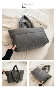 Viste dettagliate della borsa tote trapuntata grigia in nylon con etichetta di moda