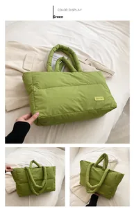 Dettaglio della borsa shopper imbottita verde con etichetta fashion e manici morbidi