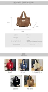 Vue détaillée du sac bandoulière en peluche avec dimensions et cinq variantes de couleurs