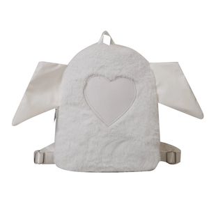White faux fur backpack with large heart patch and wings, trendy aesthetic shoulder bag