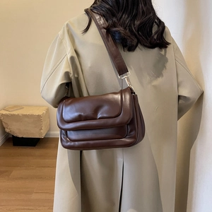 Brown checkered PU shoulder bag with soft pleated flap and golden metallic hardware