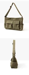 Detail view of army green canvas crossbody bag featuring multiple functional front pockets