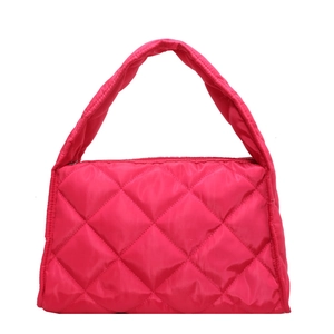 Vibrant rose pink quilted nylon tote bag with high-shine finish and wide shoulder strap