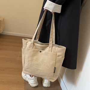 Women Canvas Tote Bag Large Capacity Shoulder Bag With Multiple Pockets Embroidery Lettering Casual Daily Handbag For Commute