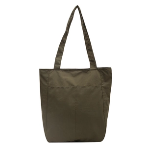 Minimalist olive green nylon tote bag with front pocket and long webbing handles