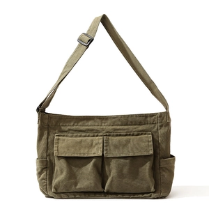 Vintage olive green large canvas crossbody bag with multi-pocket workwear design