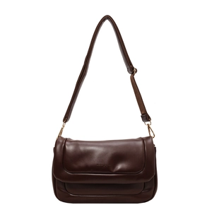 Minimalist brown plaid PU leather shoulder bag with gold hardware and adjustable strap