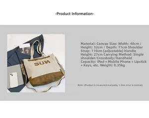 Detail showing SUN canvas tote bag capacity with adjustable strap and contrast trim