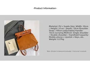 Detail of brown PU and suede shoulder bag with rotating lock and size dimensions