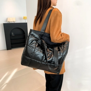 Fashionable black quilted large tote bag for women, stylish nylon shoulder bag for commute