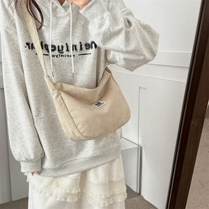 Minimalist beige corduroy crossbody bag with cute bear patch for casual daily wear