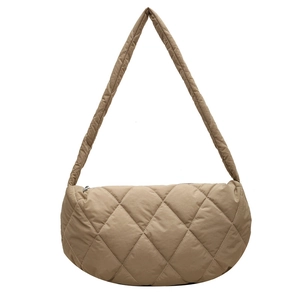 Minimalist khaki quilted nylon hobo shoulder bag with a crescent moon design and wide strap