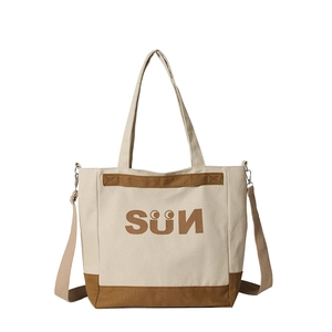 Contrast color canvas tote bag with SUN logo, top handle and crossbody strap