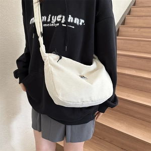 Women Corduroy Bear Patch Shoulder Bag Casual Large Capacity Half Moon Crossbody Bag Minimalist Japanese Style Hobo Bag