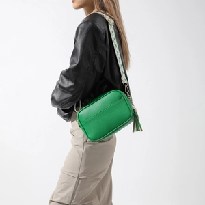 Green lychee pattern leather crossbody camera bag with tassel and jacquard wide strap