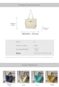 Detail view of canvas tote bag dimensions 37x30x13cm and available color options