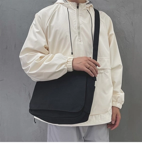 Détail d'un sac bandoulière noir en toile avec sangle en nylon porté par un mannequin