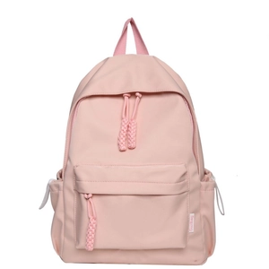 Sac à dos minimaliste en nylon rose pour femme avec tirettes tressées et étiquette latérale