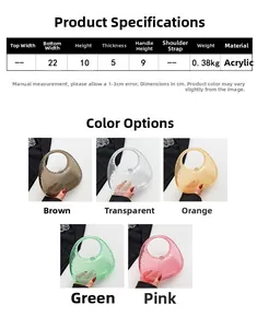 Detailed size chart and dimensions of the minimalist acrylic handbag in five colors