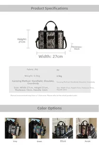 Detailed size chart and specifications for the snake print PU leather tote handbag