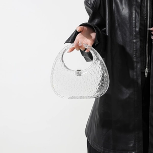Detailed macro view of acrylic handbag featuring unique transparent bubble texture and handle