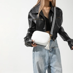 Sac à Épaule Femme en Cuir PU Motif Litchi Avec Gland Bandoulière Large Géométrique Sac Bandoulière Appareil Photo