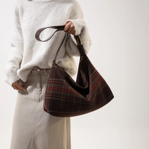 Chic winter plaid shoulder bag with vintage woolen texture and brown wide strap for women