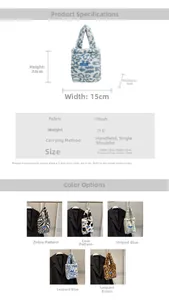 Detailed size and material chart for plush animal print mini tote bags with styling views