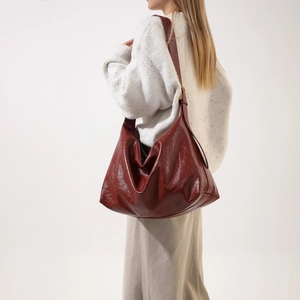 Elegant burgundy PU leather and wool crossbody shoulder bag for women in winter season