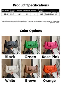 Detailed size chart and multi-color options for the stylish PU leather crossbody bag