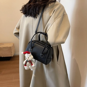 Women PU Leather Boston Bag With Contrast Stitching And Christmas Bear Pendant Urban Simple Crossbody Shoulder Handbag
