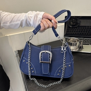 Vintage Women Nylon Underarm Bag Y2K Punk Shoulder Bag With Metal Buckle Rivet Chain Decor Retro Street Baguette Bag
