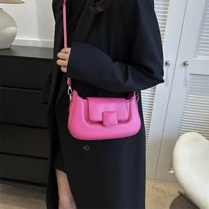 Minimalist bright pink PU leather shoulder bag with a matte finish and square buckle