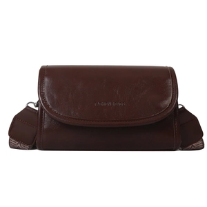Minimalist dark brown PU leather crossbody bag with retro jacquard wide shoulder strap