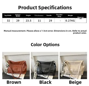Detailed size guide and specifications for retro PU leather tote bags in three colors