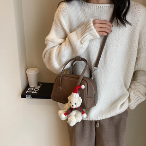 Brown PU leather crossbody bag with cute teddy bear charm for winter outfits