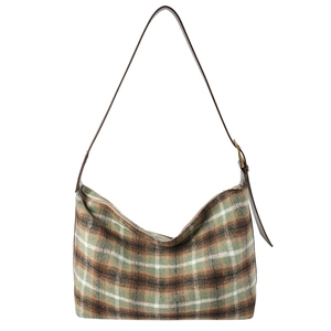 Winter plaid hobo bag in green and brown wool blend with premium leather strap
