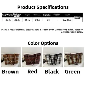 Size chart and dimensions guide for the retro checkered tote bag in various colors