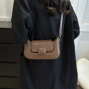 Detailed view of dark brown PU leather mini bag with golden hardware and square buckle