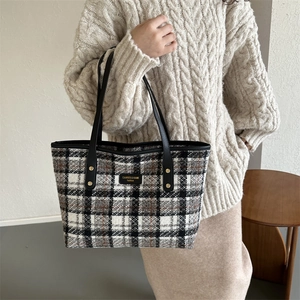 Vintage Plaid Woolen Tote Bag For Women Large Capacity Tweed Shoulder Bag Autumn Winter Casual Fashion Handbag