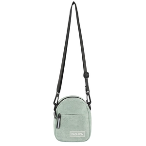 Mint green corduroy crossbody bag with adjustable black strap and fashion label on white background