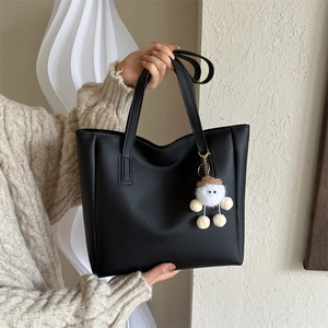 Women's Minimalist Large Capacity PU Leather Tote Bag With Plush Pendant Solid Color Shoulder Bag For Daily Commute Work