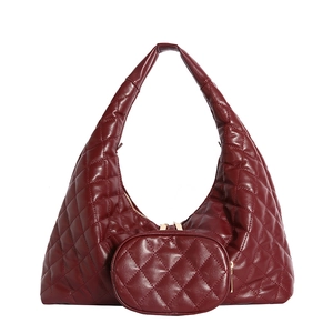 Minimalist wine red quilted PU leather shoulder bag set with gold zipper details