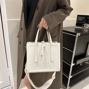 Minimalist white square PU leather tote bag with gold beads and detachable shoulder strap