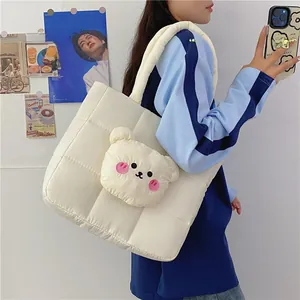 Quilted nylon tote bag in off-white featuring a cute plush bear charm detail